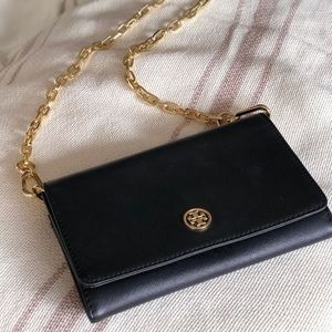 Black Tory Burch Clutch with Gold Chain